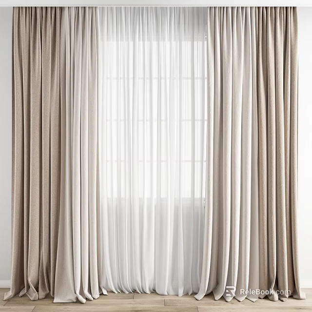 Elegant Beige And White Layered Curtains With Sheer Panels And Natural Light For Window 3d model 