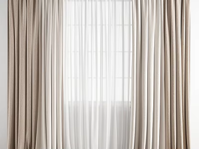 Elegant Beige And White Layered Curtains With Sheer Panels And Natural Light For Window 3d model