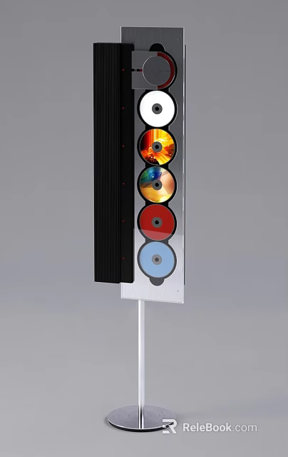 Black Column Speaker With Colorful CDs Arranged On Side For Music Playback 3d model 