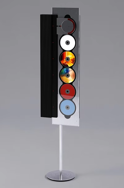 Black Column Speaker With Colorful CDs Arranged On Side For Music Playback 3d model