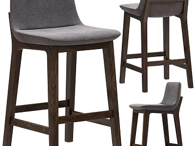 Modern Bar Stools With Dark Wooden Legs And Gray Upholstered Seat Design 3d model