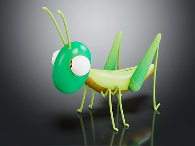 Green Cartoon Grasshopper With Big Eyes Long Antennae Slender Legs And Kiwi Like Body 3d model