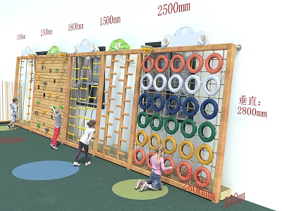 Kindergarten Climbing Wall Structure With Colorful Rings Rope Ladders And Kids Playing 3d model