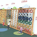 Kindergarten Climbing Wall Structure With Colorful Rings Rope Ladders And Kids Playing