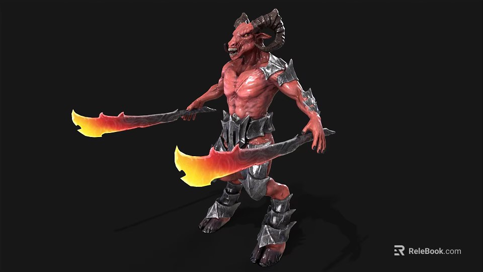 Mythical Red Skinned Demon Wielding Flaming Swords And Spiked Armor With Horns 3d model 