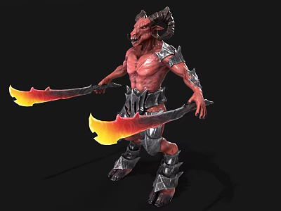 Mythical Red Skinned Demon Wielding Flaming Swords And Spiked Armor With Horns 3d model
