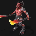 Mythical Red Skinned Demon Wielding Flaming Swords And Spiked Armor With Horns