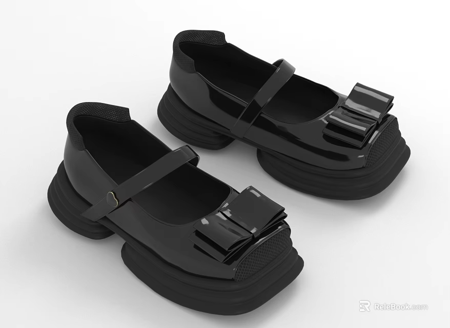 Black Thick Sole Shoes With Bow Detail And Buckle Strap Design 3d model 