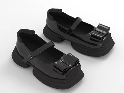 Black Thick Sole Shoes With Bow Detail And Buckle Strap Design 3d model