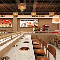 Modern Restaurant Interior With Long Bar Wooden Chairs Pendant Lights Red Decorations Window Views