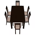 Dark Wooden Rectangular Dining Table Set with Six Upholstered Chairs Beige Seats Backrests 3d model