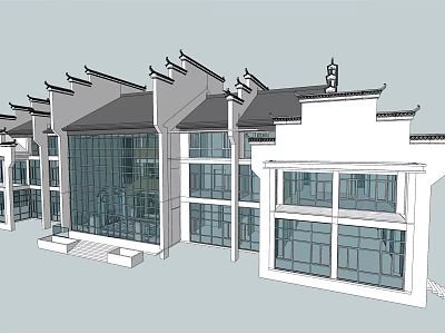 Chinese Traditional Style Detached Villa With Curved Roof And Large Glass Windows 3d model
