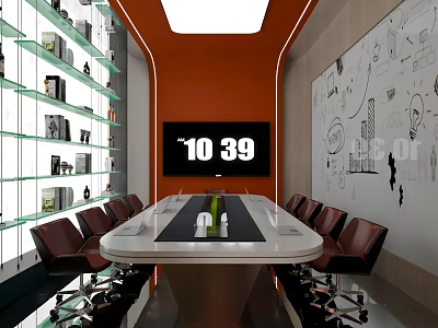 Modern Conference Room With Long Table Leather Chairs Digital Clock Screen Whiteboard And Glass Shelves 3d model