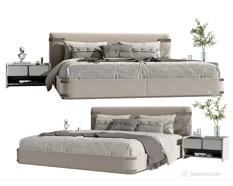 Comfortable Modern Light Gray Double Bed With Multiple Pillows Nightstands And Green Plants 3d model