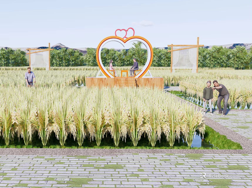 Scenic Rice Field With Heart Shaped Structure People Green Trees And Distant Hills 3d model 