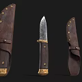 Vintage Tactical Knife with Wooden Handle Metal Blade and Brown Leather Sheath Featuring Metal Rivets