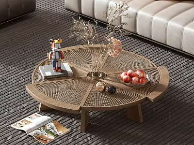 Wooden Round Coffee Table With Perforated Design Small Figurine Dried Flowers Apples And Black Orbs 3d model