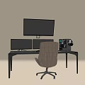 Modern Minimalist Black Desk with Dual Monitors and Wooden Office Chair