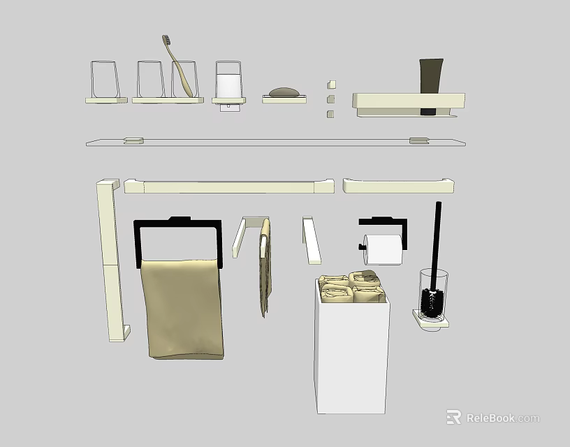 Essential Bathroom Accessories Including Towel Rack Cups Brush Soap Dish And Trash Bin 3d model
