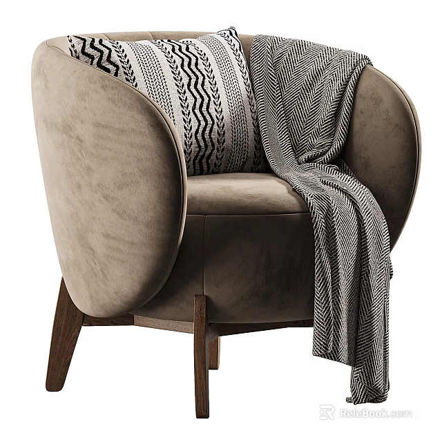 Beige Velvet Armchair With Geometric Pillow And Striped Blanket On Wooden Legs 3d model 