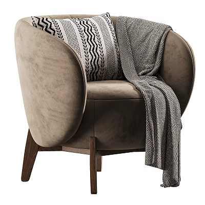 Beige Velvet Armchair With Geometric Pillow And Striped Blanket On Wooden Legs 3d model