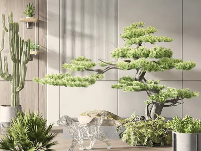 Elegant Garden Ornaments With Bonsai Pine Tree Cactus Metal Statue And Green Plants 3d model