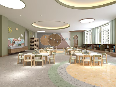 Kindergarten Interior Design With Circular Ceiling Lights Colorful Floor Wooden Tables Bookshelves And Decorative Wall 3d model