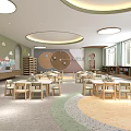 Kindergarten Interior Design With Circular Ceiling Lights Colorful Floor Wooden Tables Bookshelves And Decorative Wall