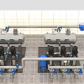 Industrial Equipment Setup With Pumps Pipes Valves And Blue Pressure Tanks