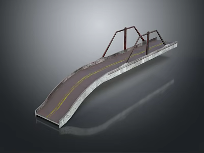 Modern Bridge Structure Featuring Curved Concrete Deck Yellow Lane Lines And Red Metal Supports 3d model