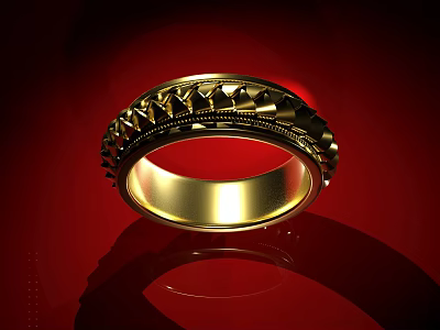 Elegant Shiny Gold Ring With Intricate Decorative Patterns On Red Background 3d model