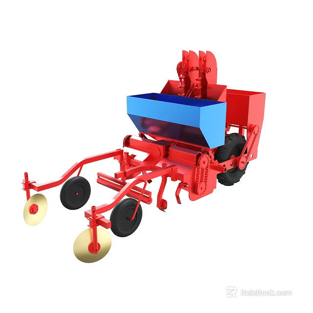 Red Agricultural Seeder Machine With Blue Container Multiple Wheels And Mechanical Structure 3d model 