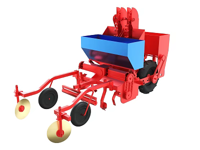 Red Agricultural Seeder Machine With Blue Container Multiple Wheels And Mechanical Structure 3d model