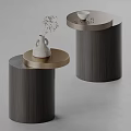 Minimalist Wooden Cylindrical Side Tables With Round Metal Edge And White Vase Dried Flowers