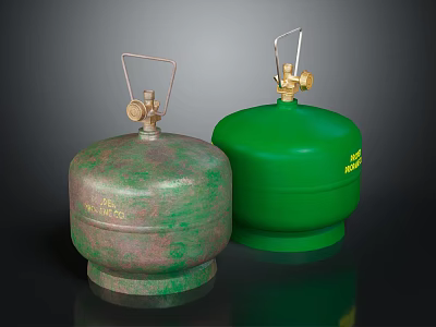 Old And Green Gas Cylinders With Valves And Handles On Black Background 3d model