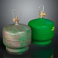 Old And Green Gas Cylinders With Valves And Handles On Black Background