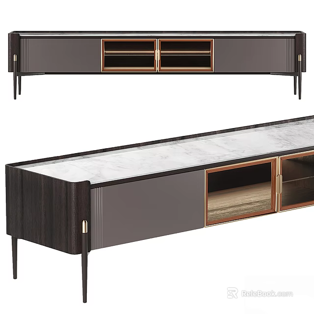 Modern Wooden TV Stand With Marble Top And Metal Accents Storage Drawers Open Shelves 3d model 