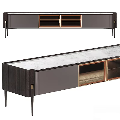 Modern Wooden TV Stand With Marble Top And Metal Accents Storage Drawers Open Shelves 3d model