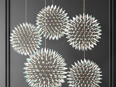 Five Modern Spherical Chandeliers With Metal Frame And White Light Strips 3d model