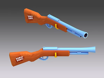 Toy Guns With Wooden Handles Blue Barrels And Bang Bang Labels 3d model