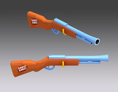 Toy Guns With Wooden Handles Blue Barrels And Bang Bang Labels 3d model Toy Guns With Wooden Handles Blue Barrels And Bang Bang Labels 3d model