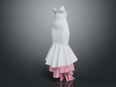 Elegant White Mermaid Dress with Pink Layered Skirt and Sleeveless Design 3d model