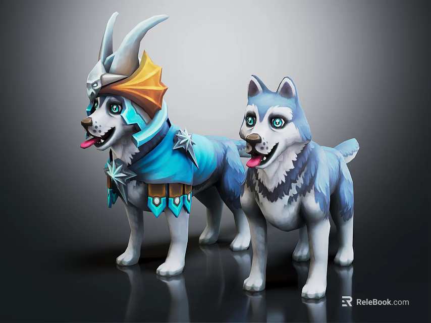 Two Playful Husky Characters With Fantasy Blue Cloak And Golden Horn Details 3d model 