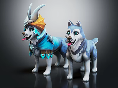 Two Playful Husky Characters With Fantasy Blue Cloak And Golden Horn Details 3d model