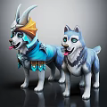 Two Playful Husky Characters With Fantasy Blue Cloak And Golden Horn Details