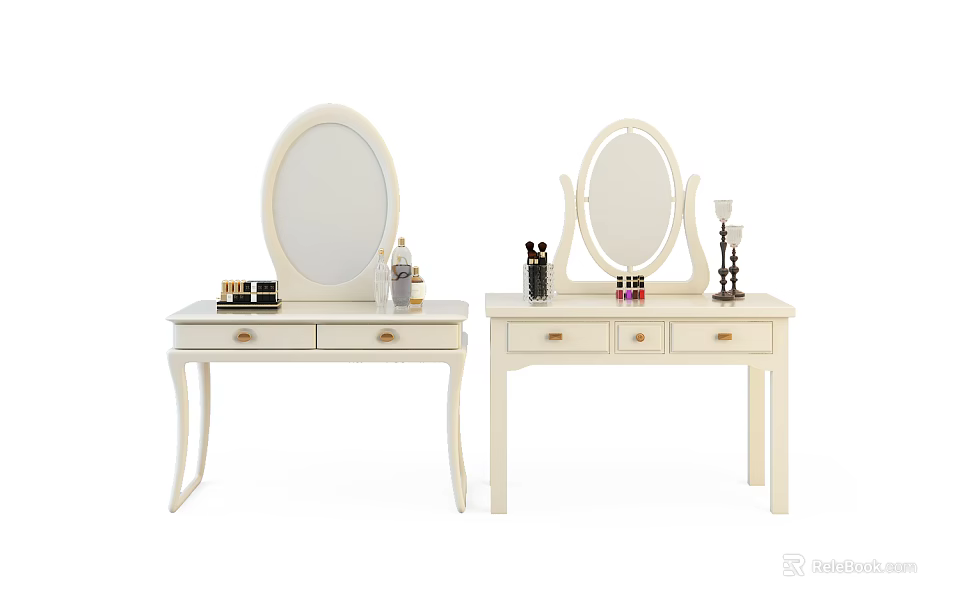 Stylish White Dressing Tables With Oval Mirrors Cosmetics And Functional Drawers 3d model