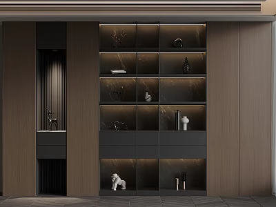 Modern Wooden Interior Display Cabinet With Multi Compartment Shelves And Decorative Lighting 3d model
