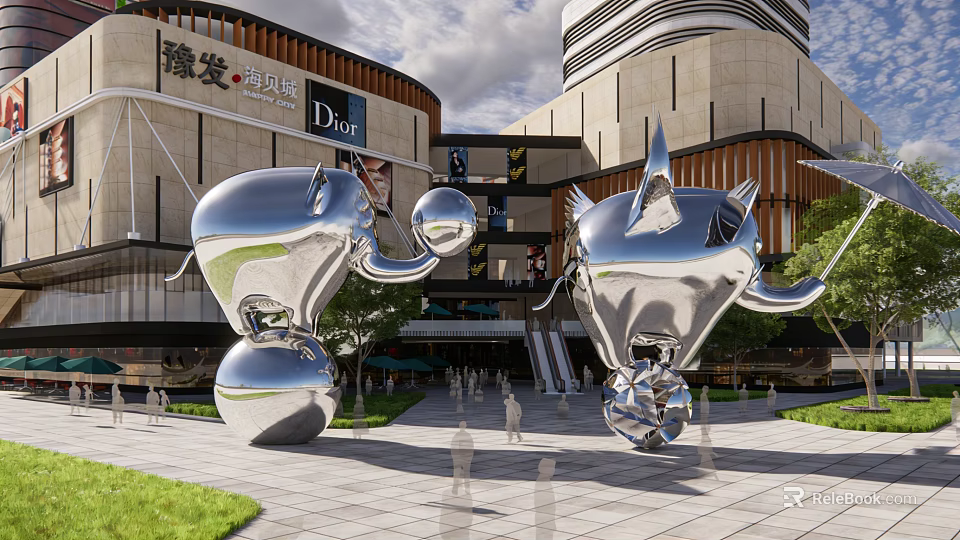 Modern Silver Metallic Landscape Sculptures In Commercial Plaza With Building Front And Pedestrians 3d model 