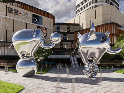 Modern Silver Metallic Landscape Sculptures In Commercial Plaza With Building Front And Pedestrians 3d model
