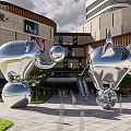 Modern Silver Metallic Landscape Sculptures In Commercial Plaza With Building Front And Pedestrians